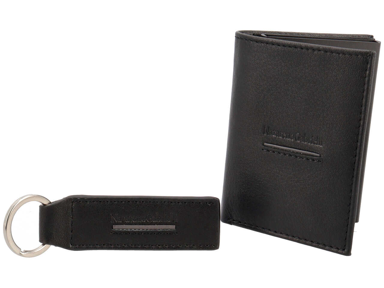 Set regalo Wampum uomo con portachiavi e porta cards in vera pelle nera 12,5x10x2 cm