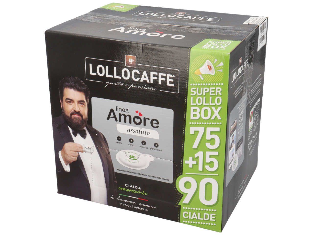 Lollo caffÃ¨ Linea Amore Assoluto, cialde compostabili - 7,5gr - Super Lollo box 75+15 cialde in 
omaggio