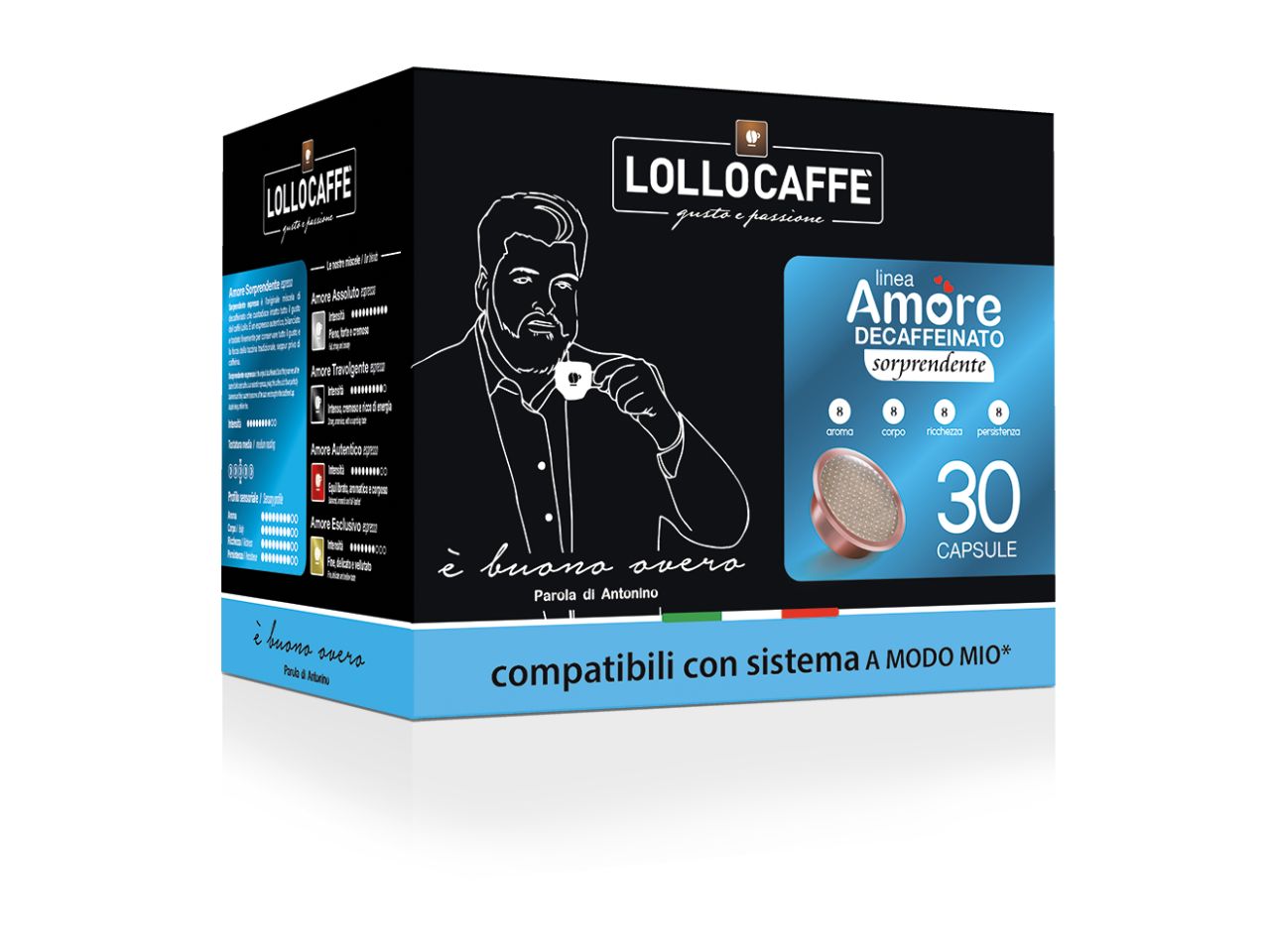 Lollocaffe' linea sorprendente decaffeinato 30 capsule compatibile con sistema a modo mio