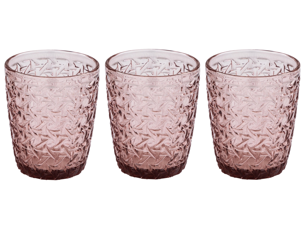 Bicchiere in vetro 300cc rosa antico con lavorazione tipo rattan, set 3 pezzi 10,5x8 cm - Casa Collection