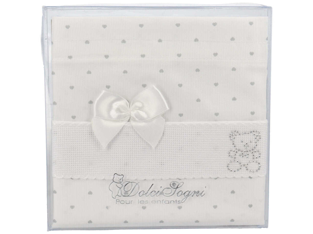 Sacco nascita per neonati in cotone bianco e grigio con fascia personalizzabile 43x34 cm