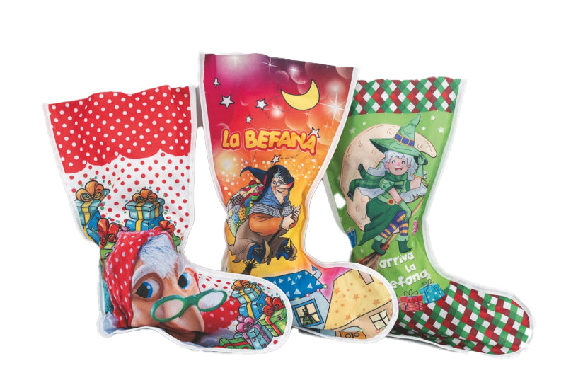 Calza grande plastificata 35xh.66cm decoro befana in 3 modelli assortiti