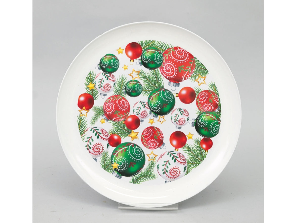 Piatto 33cm in plastica tondo bianco decoro sfere rosse e verdi