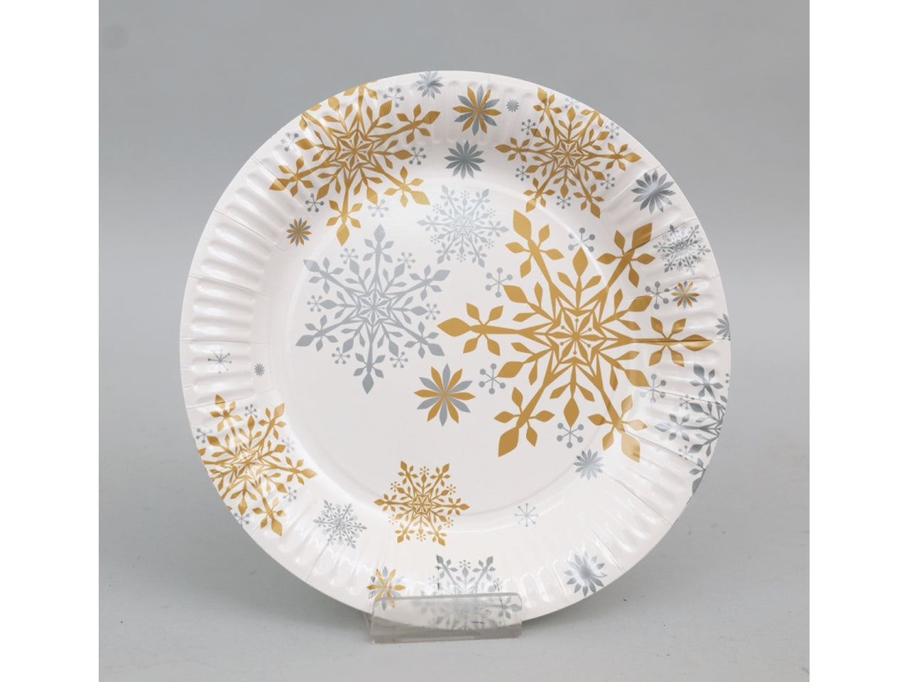 Piatto di carta 23cm bianchi decorati fiocchi di neve oro set da 6 piatti