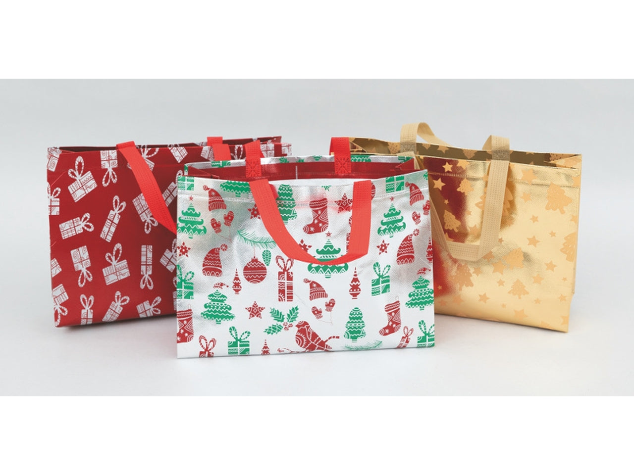 Shopper natalizio 35x25x10cm con manico decoro metallizzato modelli assortiti