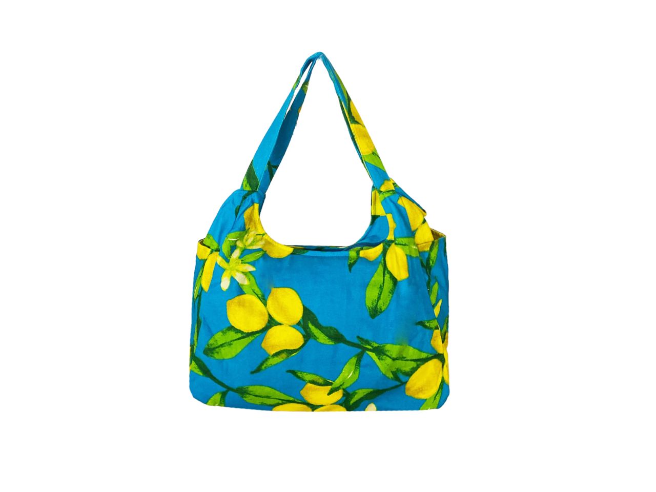 Borsa con tasche canvas a fantasia limoni con fondo turchese