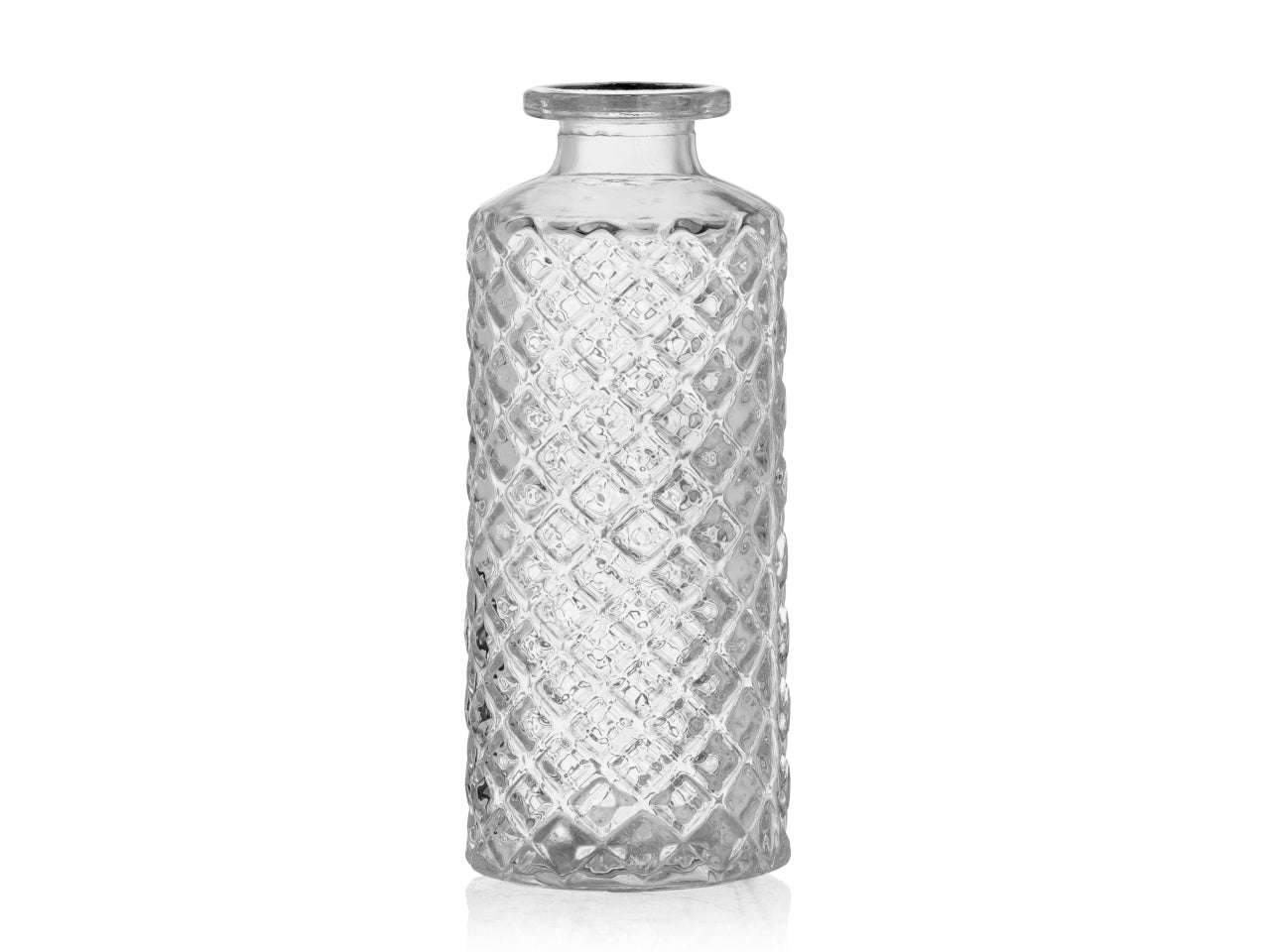 Vaso bottiglia decorativa in vetro trasparente forma cilindrica con lavorazione a rilievo 5,5x13,5 cm - Franco