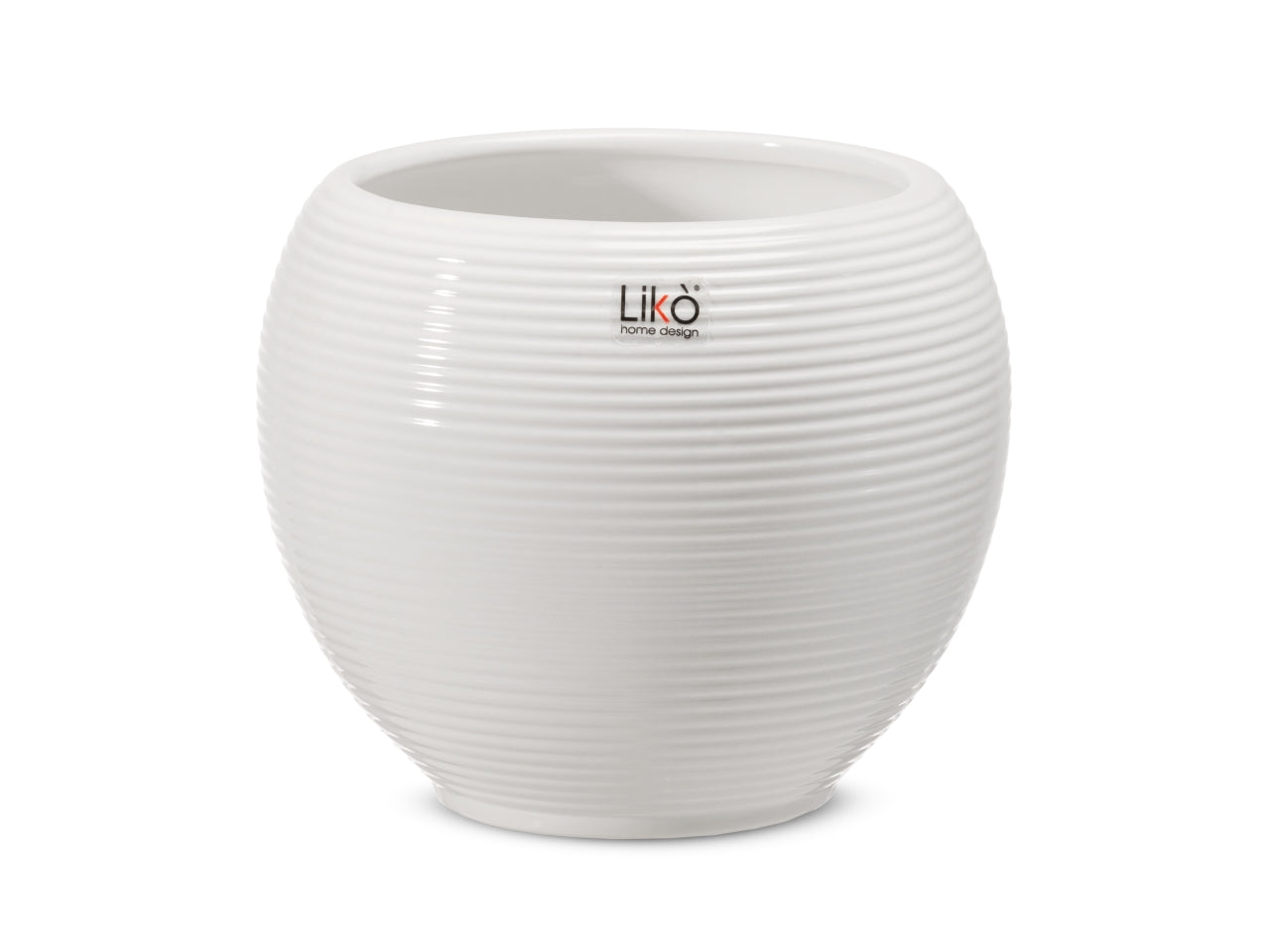 Vaso cachepot portapiante moderno in ceramica lucida bianca, forma cilindrica rigata d.16xh.13,5cm - LikÃ²