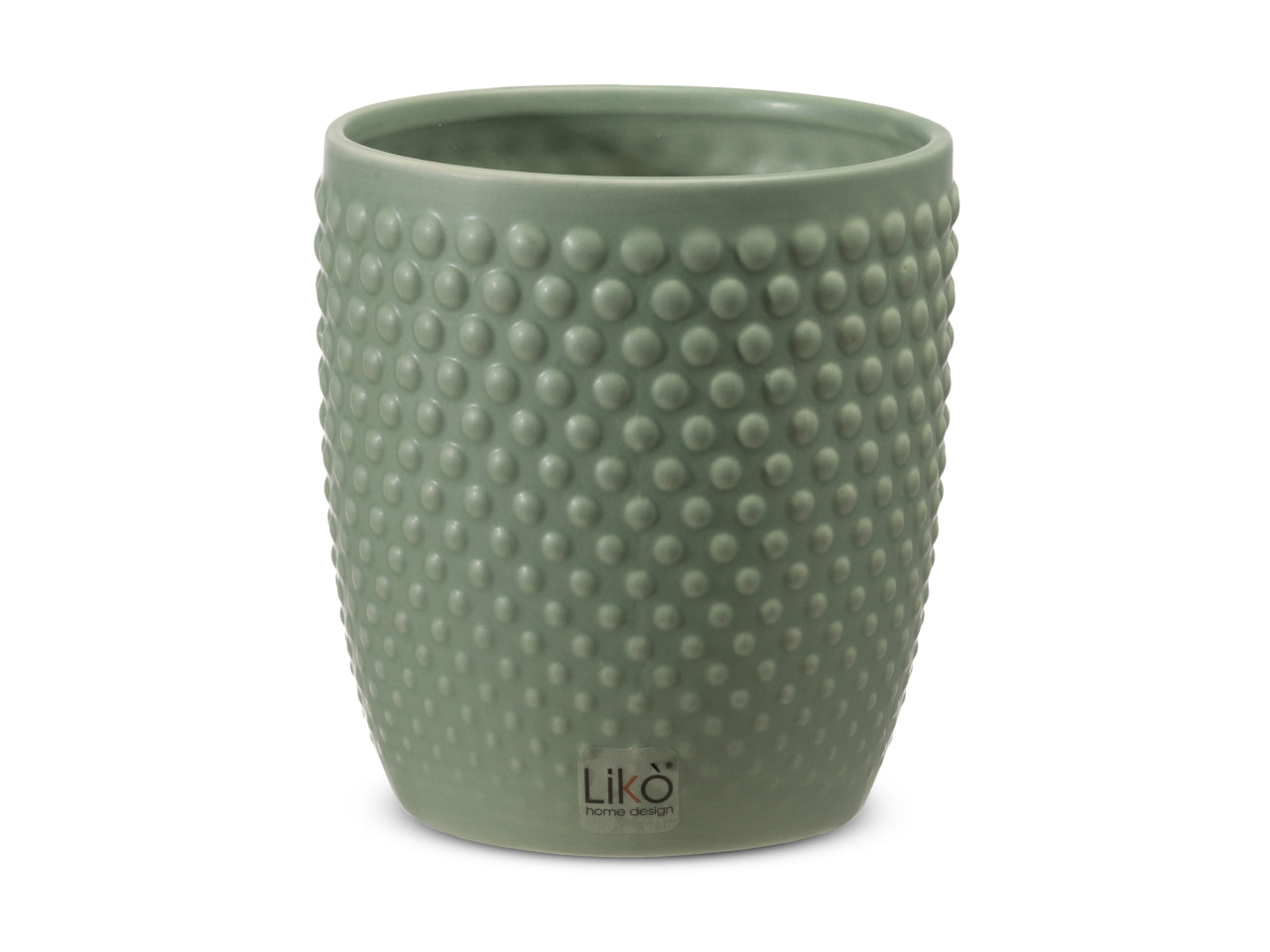 Cachepot portavaso moderno in ceramica opaca verde salvia, forma cilindrica con pois a rilievo, d.13xh.14,2 cm - LikÃ²