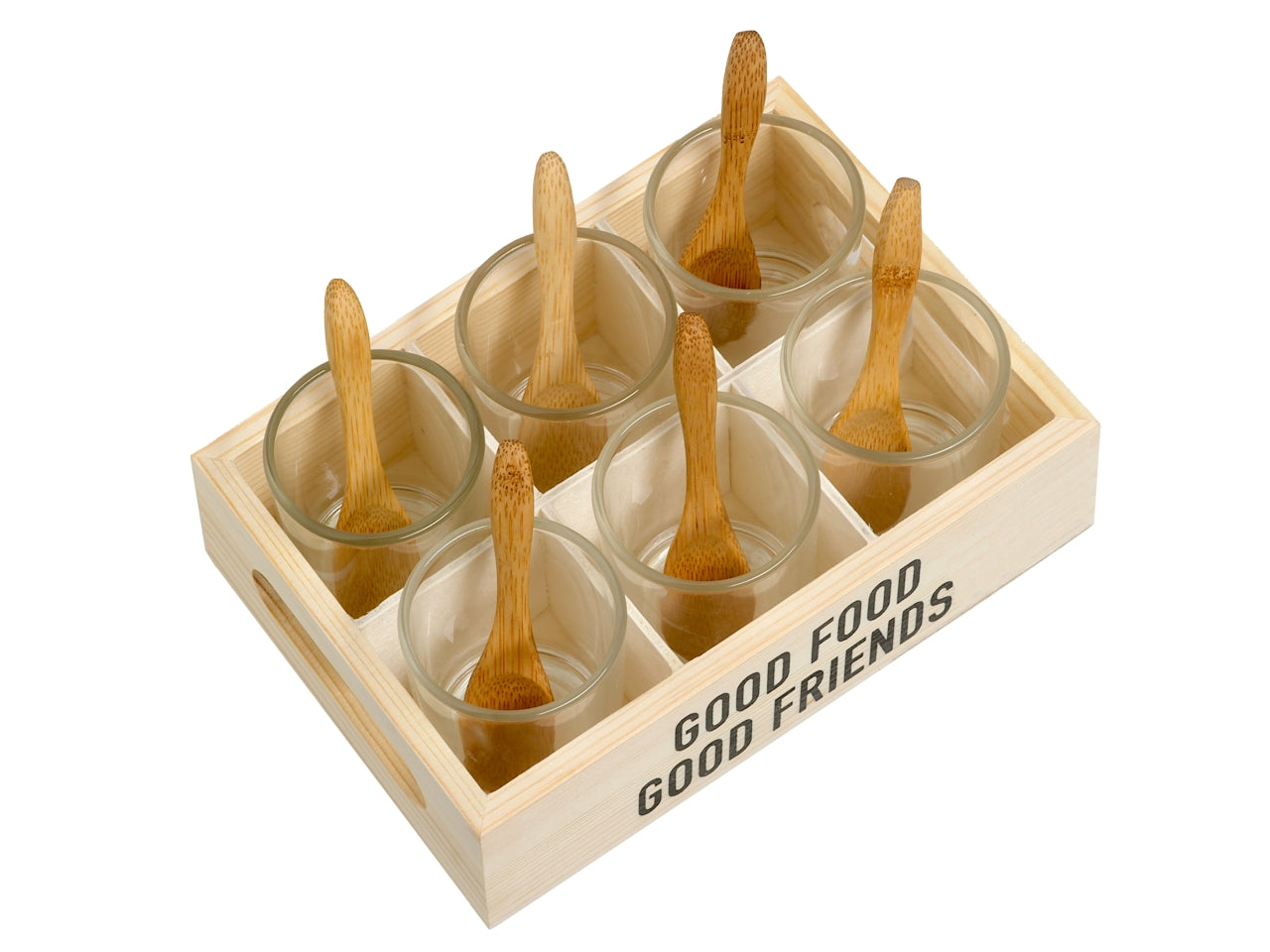 Vassoio legno 17,5x12x6,5cm con 6 bicchierini e cucchiaino bamboo