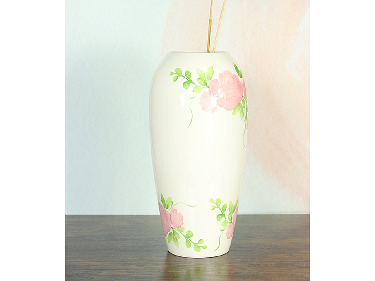 Vaso decorativo country in ceramica avorio con rose forma cilindrica per uso interno 18x35 cm - Goldbach