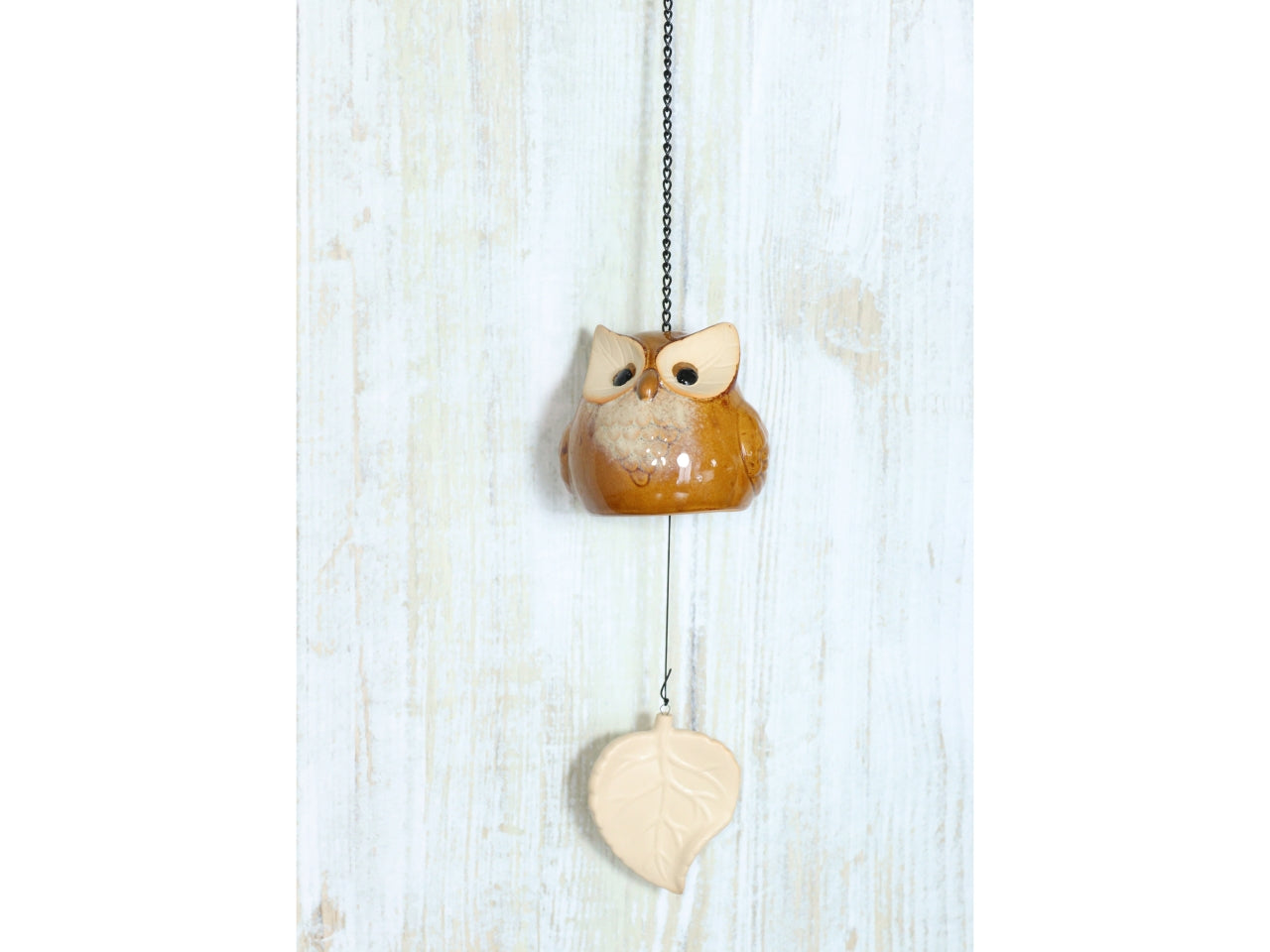 Gufo in gres con foglia d.9x44cm marrone