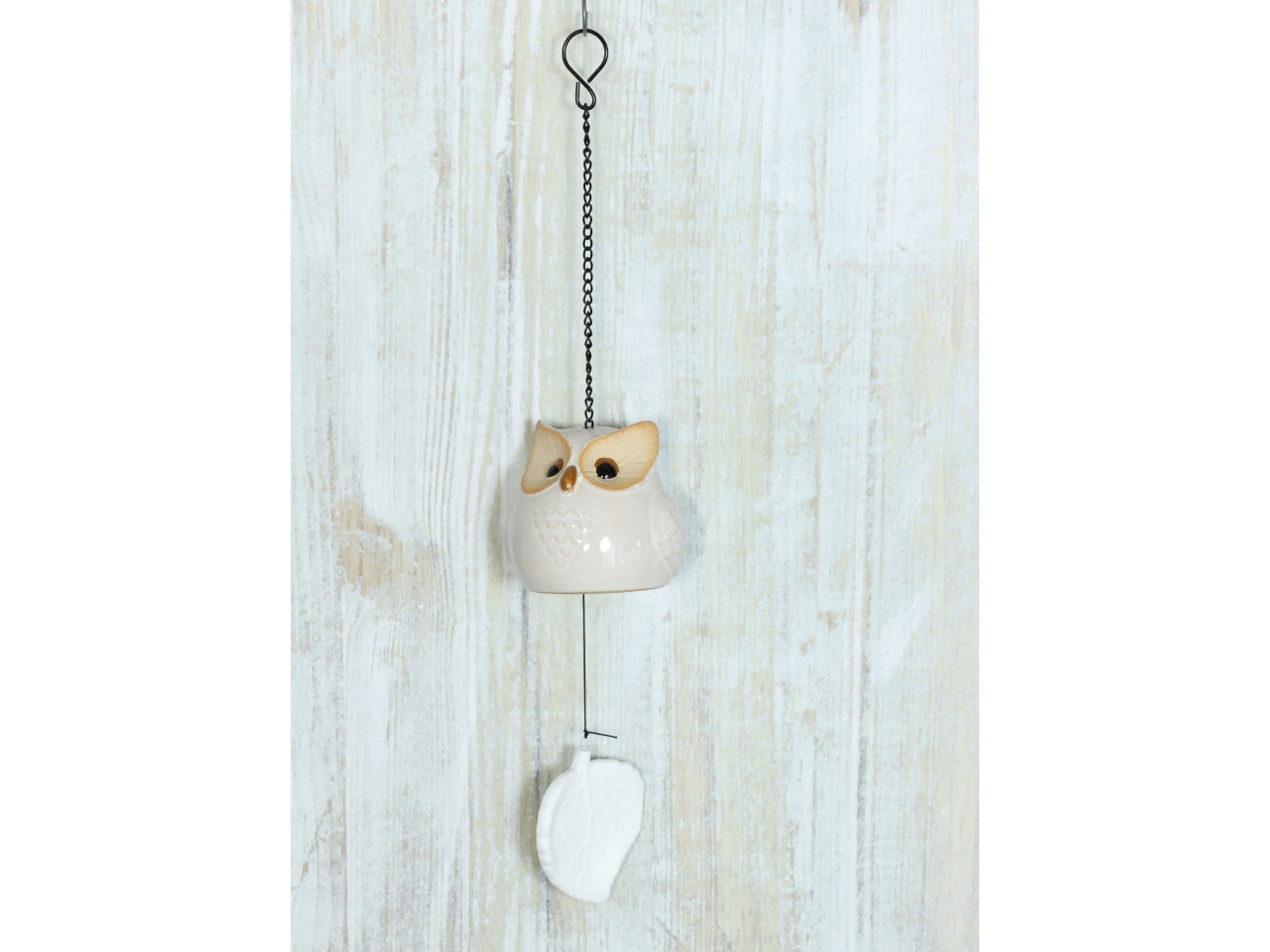 Gufo in gres con foglia d.9x44cm bianco