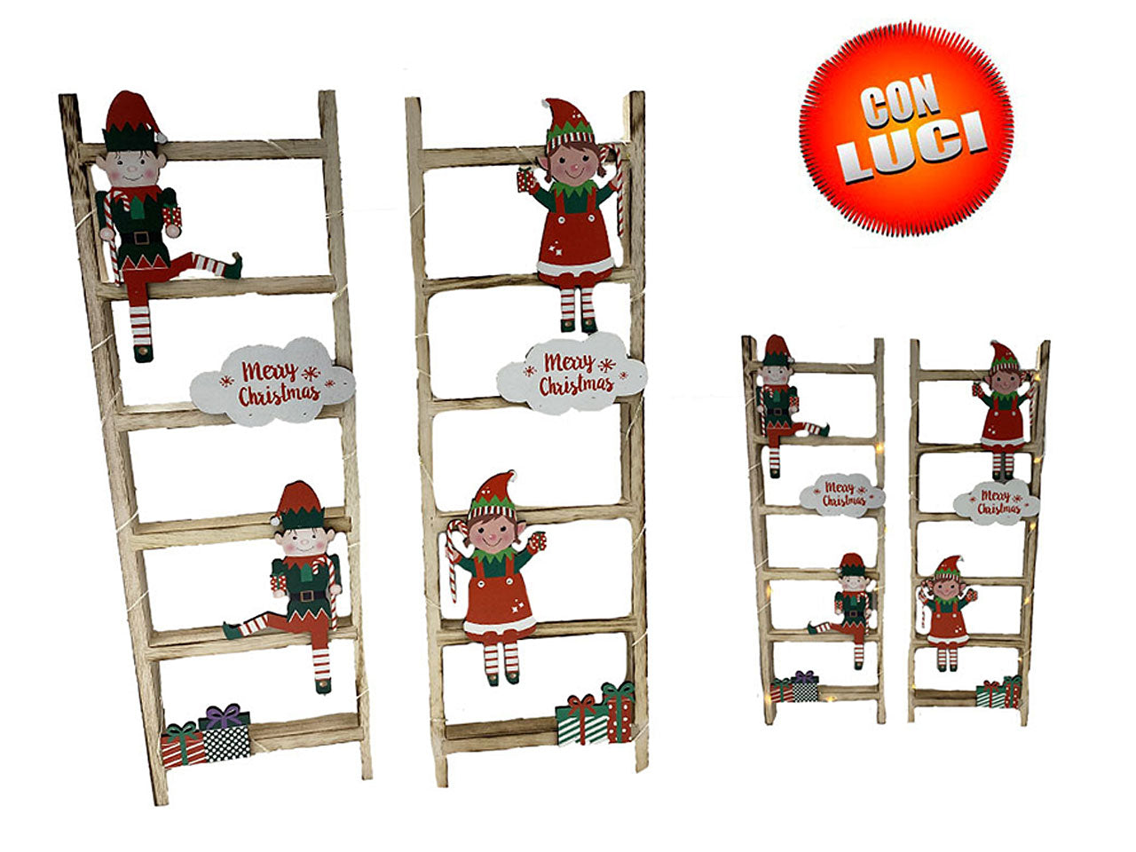 Scala decorativa con elfo con luce misura 18,7x2,5x60cm in 2 assortimenti