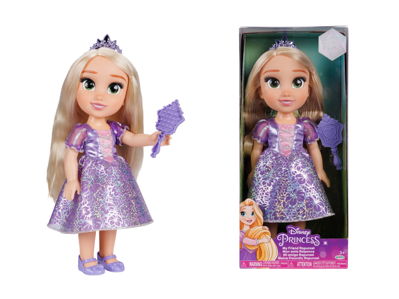 Bambola Disney Princess 38 cm di Rapunzel, con i Suoi Abiti Iconici Arricchiti da Dettagli Glitterati, Tiara Scintillante e Scarpette Coordinate, i Suoi Occhi Brillano | Jakks Pacific