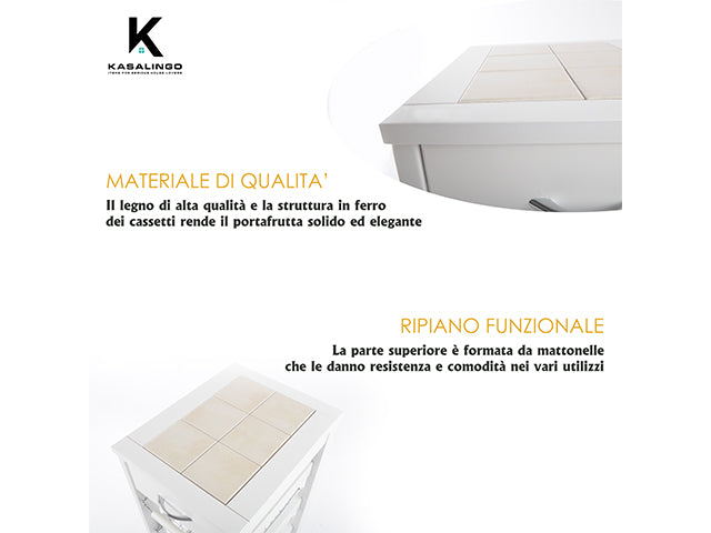 Carrello Porta Frutta e Verdura con cassetto portapane 29,5x37 h 83 in Legno, carrello da cucina con ripiano multiuso 100% Made in Italy. (Bianco)