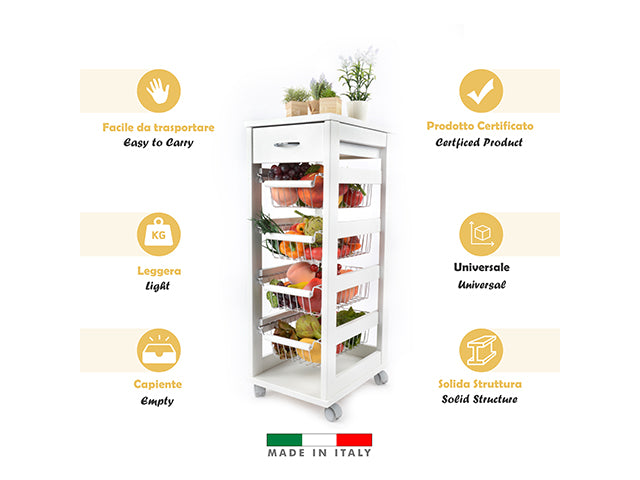 Carrello Porta Frutta e Verdura con cassetto portapane 29,5x37 h 83 in Legno, carrello da cucina con ripiano multiuso 100% Made in Italy. (Bianco)