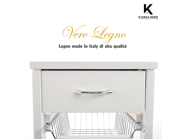 Carrello Porta Frutta e Verdura con cassetto portapane 29,5x37 h 83 in Legno, carrello da cucina con ripiano multiuso 100% Made in Italy. (Bianco)