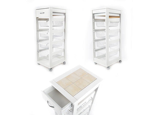 Carrello Porta Frutta e Verdura con cassetto portapane 29,5x37 h 83 in Legno, carrello da cucina con ripiano multiuso 100% Made in Italy. (Bianco)