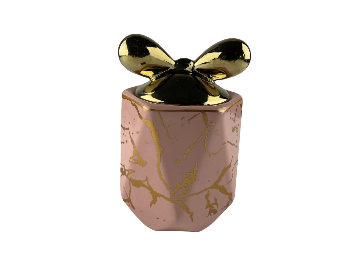Barattolo decorativo in porcellana rosa effetto marmorizzato con tappo fiocco rosa da 1100 ml - Casa Milano