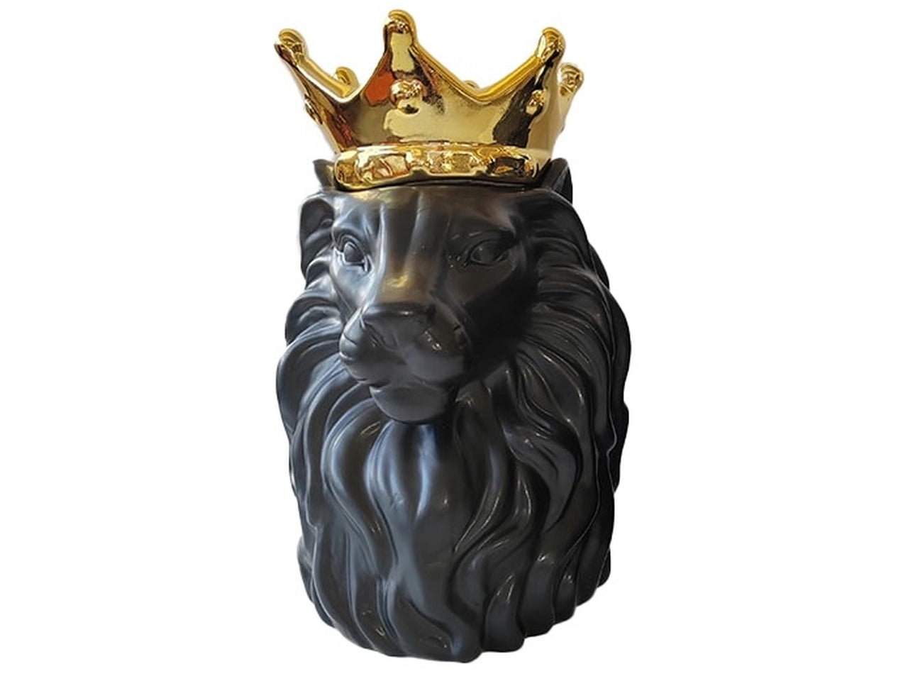 Leone testa decorativa in ceramica contemporaneo nero opaco con corona oro 13 cm - Casa Milano