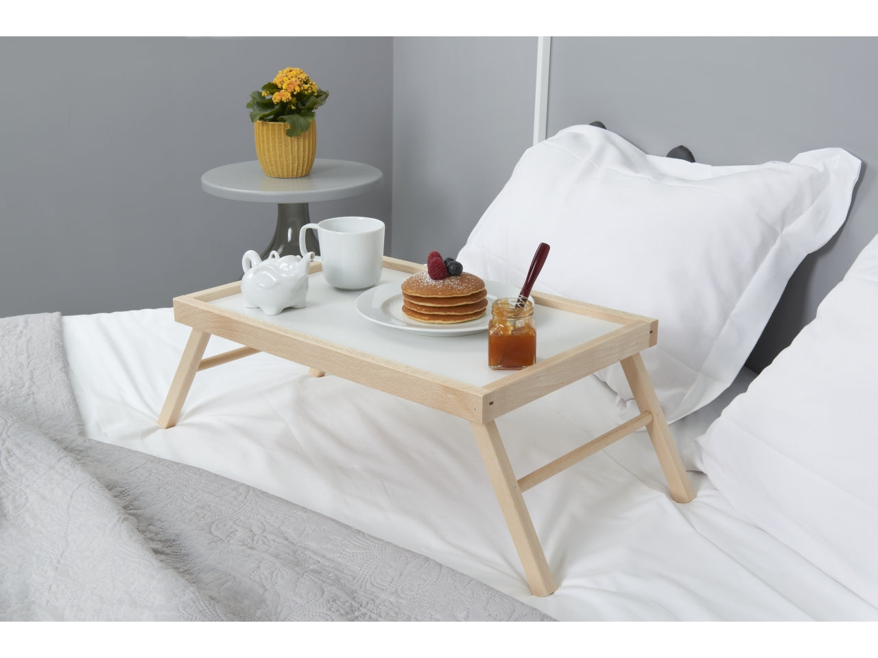 Vassoio da letto in mdf e legno faggio bianco e naturale scandinavo 50x33x21,5 cm, Made in Italy - Mottinox