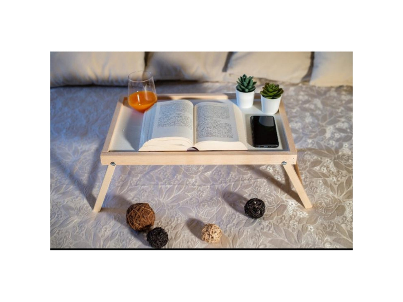 Vassoio da letto in mdf e legno faggio bianco e naturale scandinavo 50x33x21,5 cm, Made in Italy - Mottinox