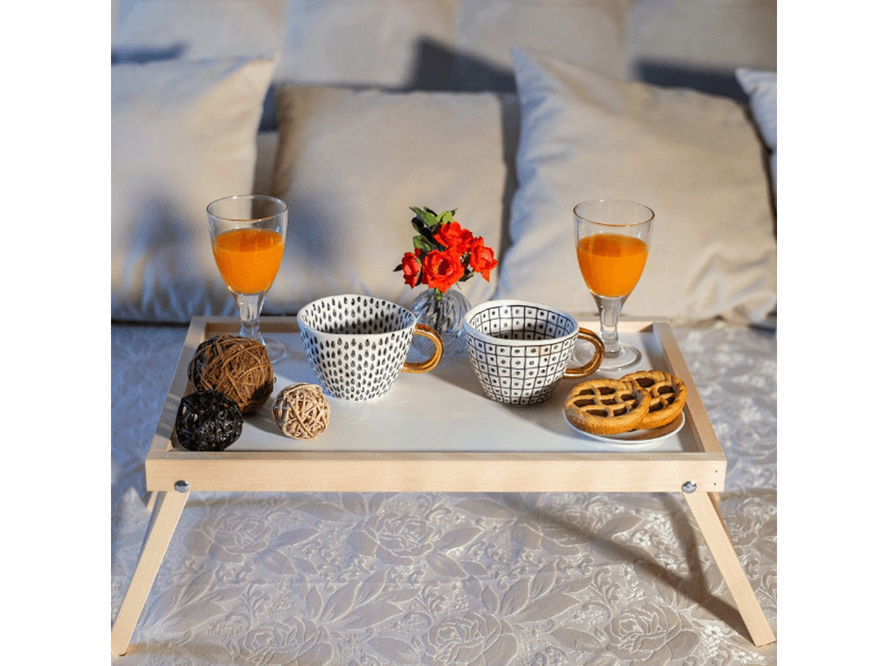 Vassoio da letto in mdf e legno faggio bianco e naturale scandinavo 50x33x21,5 cm, Made in Italy - Mottinox