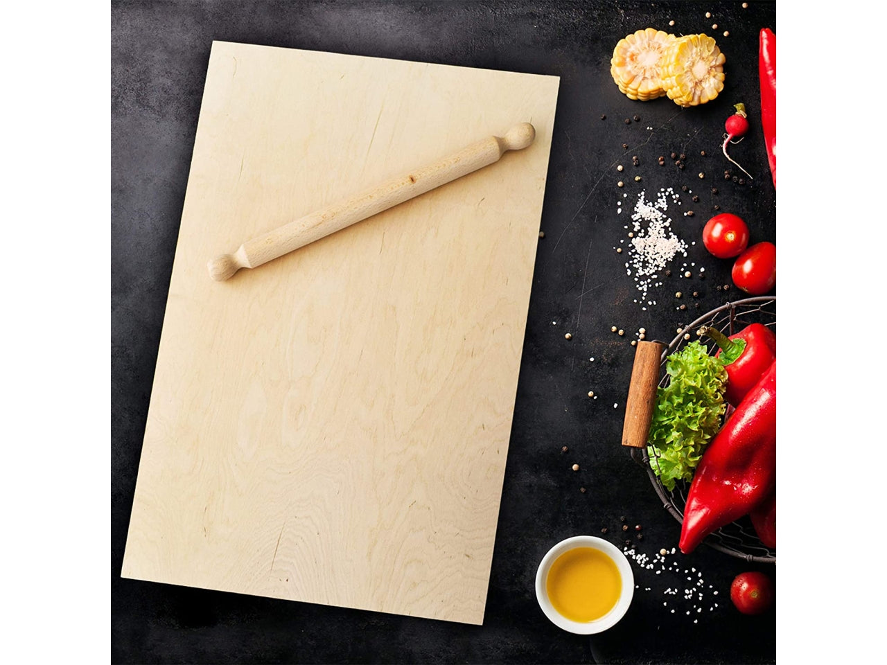 Spianatoia e mattarello in pioppo e faggio naturale 57x37x0,9 cm, mattarello 30 cm, made in Italy - Mottinox