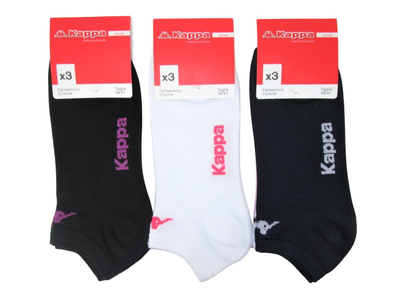 Calze fantasmino da donna Kappa in misto cotone blu, rosa e bianco, 3 paia taglia 36/38