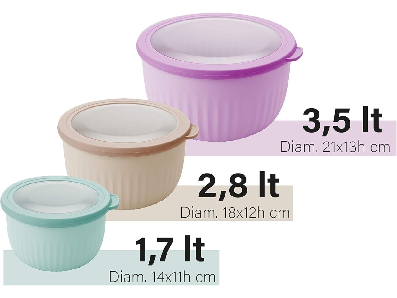 Set 3 Ciotole con chiusura ermetica per frigo microonde, Colori assortiti - Pedrini