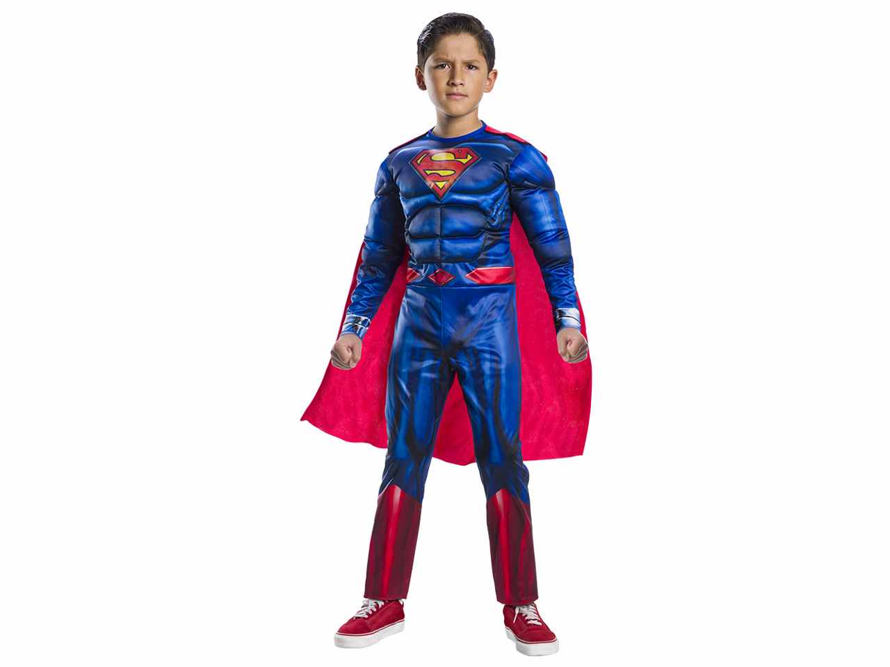 Costume Superman black deluxe, composto da tuta con muscoli imbottiti e mantello taglia L 8-10anni