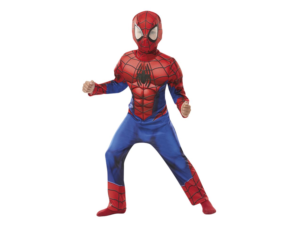Costume Spiderman lusso, composto da tuta con petto imbottito e maschera in tessuto taglia S 3-4anni