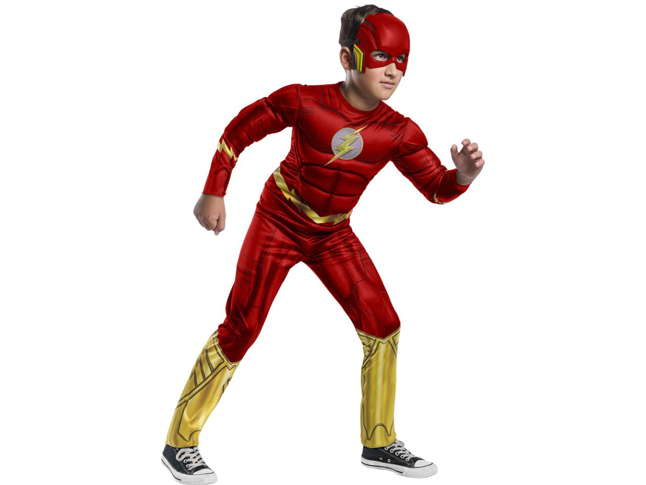 Costume Flash black deluxe, composto da tuta con muscoli e mantello taglia L 8-10anni