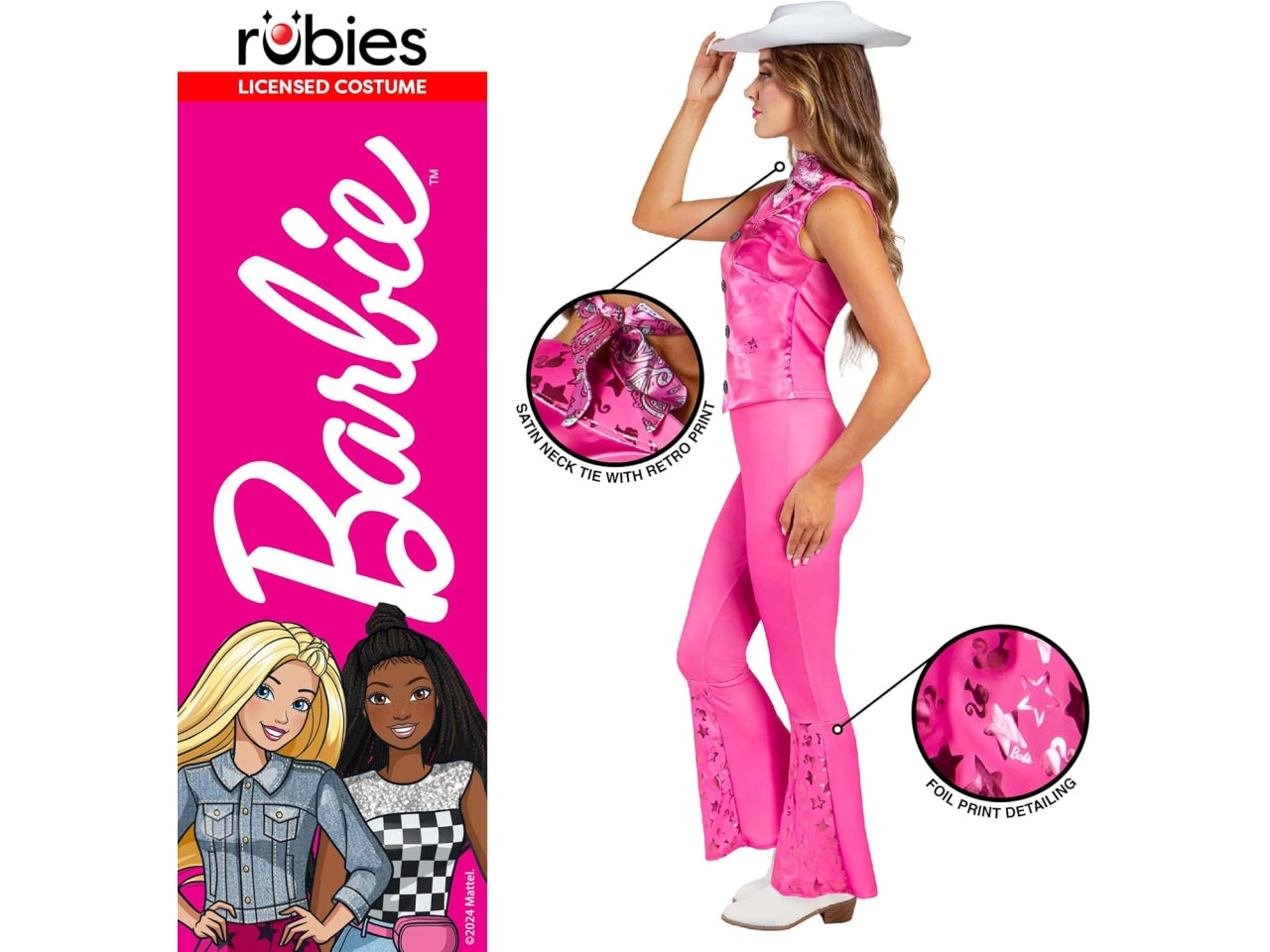 Costume adulto Barbie cowgirl, composto da top, pantaloni, cappello e foular taglia M
