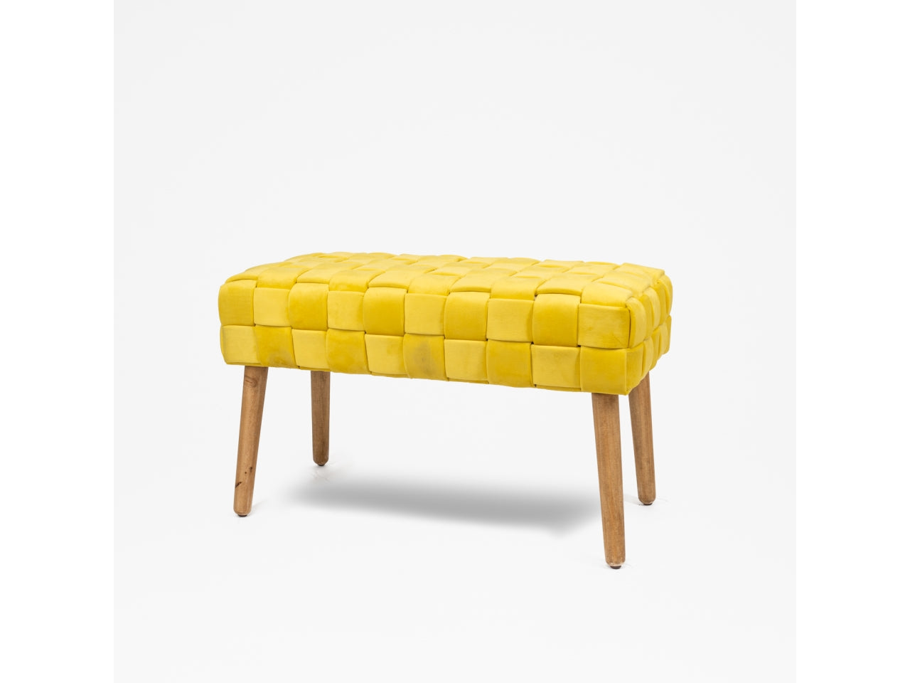 Panca in velluto giallo senape contemporaneo con intreccio e piedi in legno 76x37x45 cm-  Silani