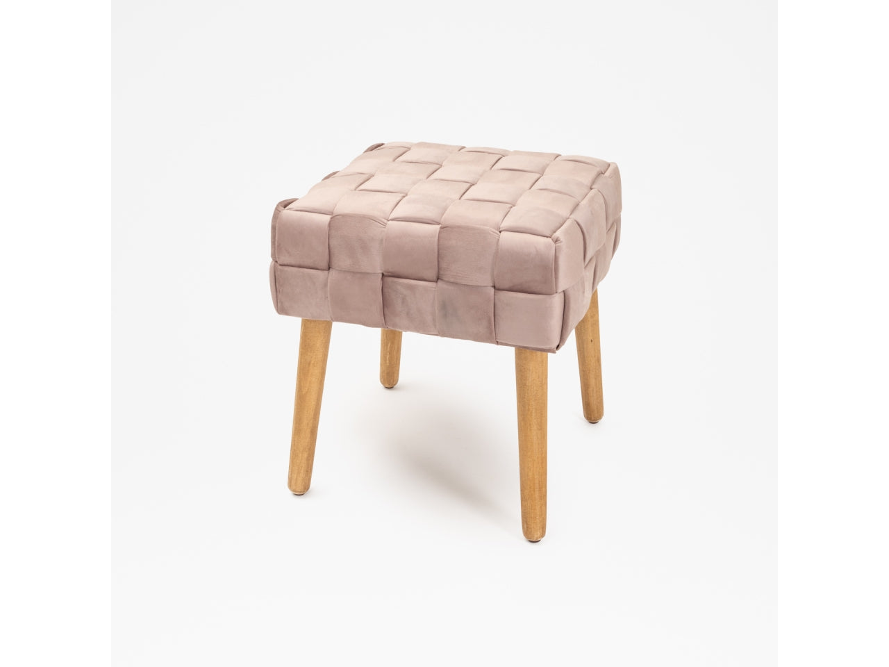 Pouf in velluto rosa antico contemporaneo con intreccio e piedi in legno 41x41x45 cm - Silani