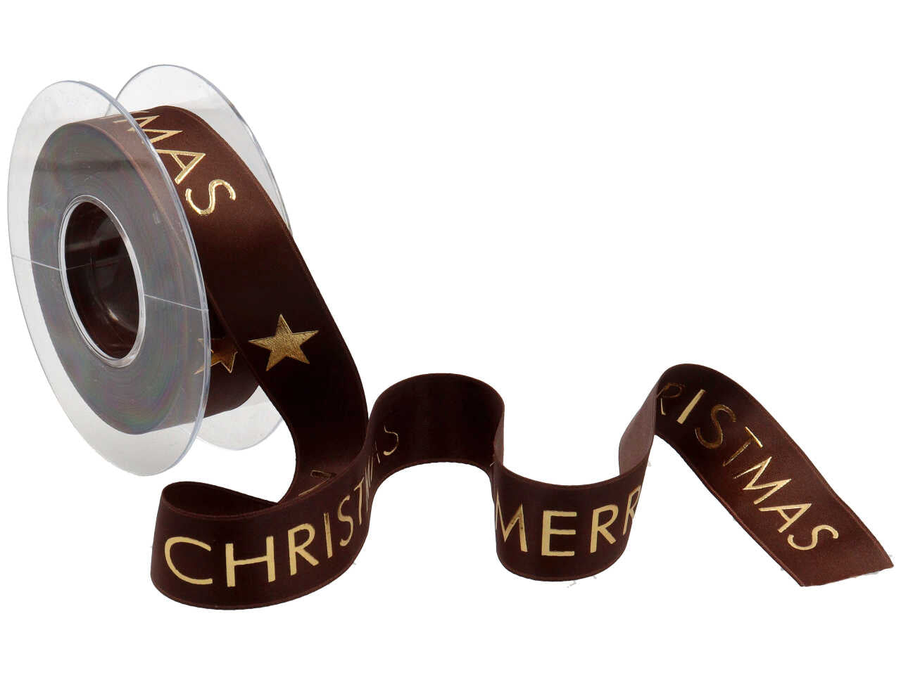 Nastro regalo natalizio raso marrone con scritta dorata merry christmas 2,5 cm x 15 m - Sirene