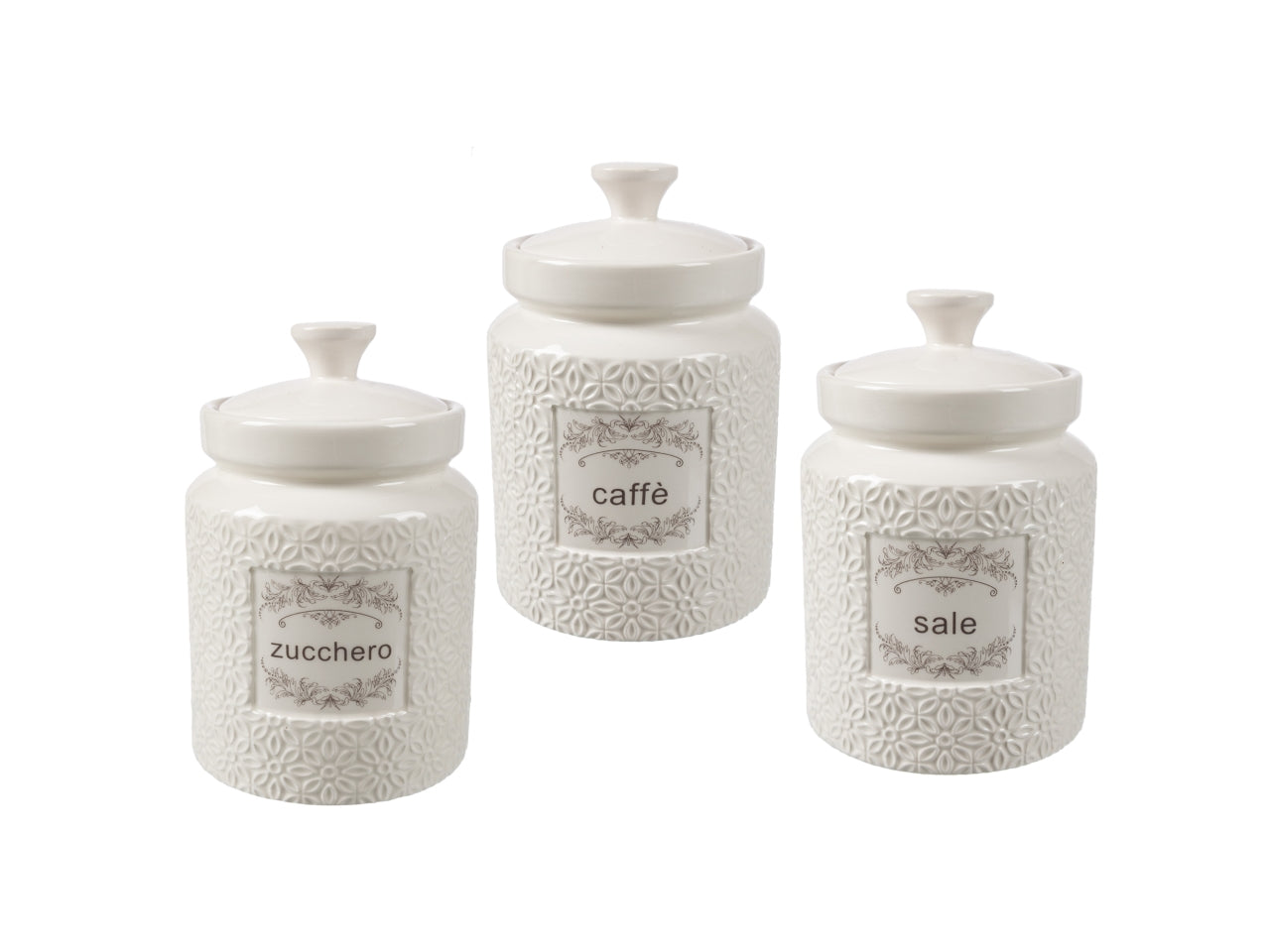 Set di 3 barattoli in ceramica avorio stile shabby chic forma cilindrica 10,5x16,5 cm - Frivar