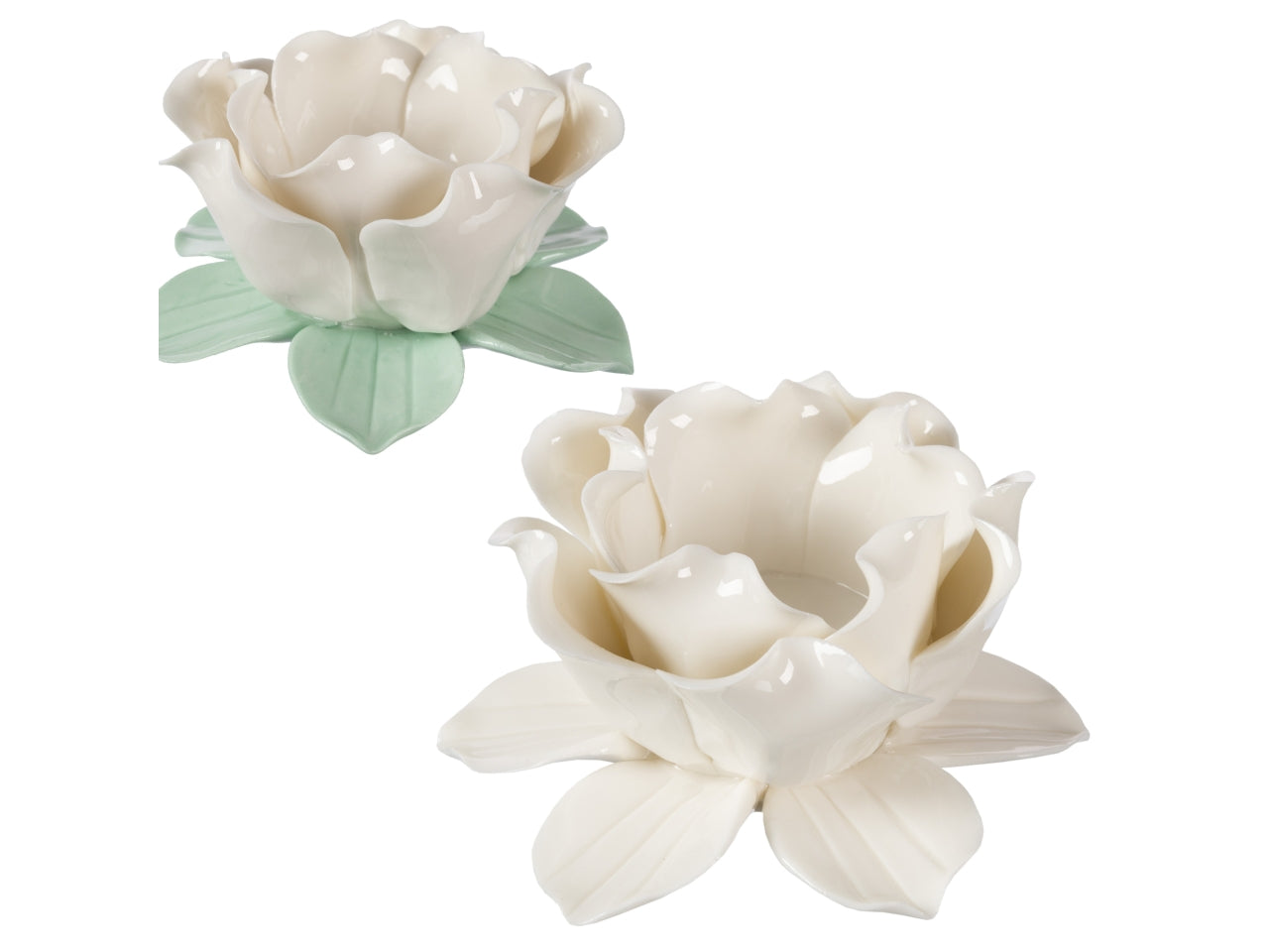 Portacandela a forma di rosa country in ceramica due colori assortiti bianco e verde 11x11x5cm - Coccole di Casa