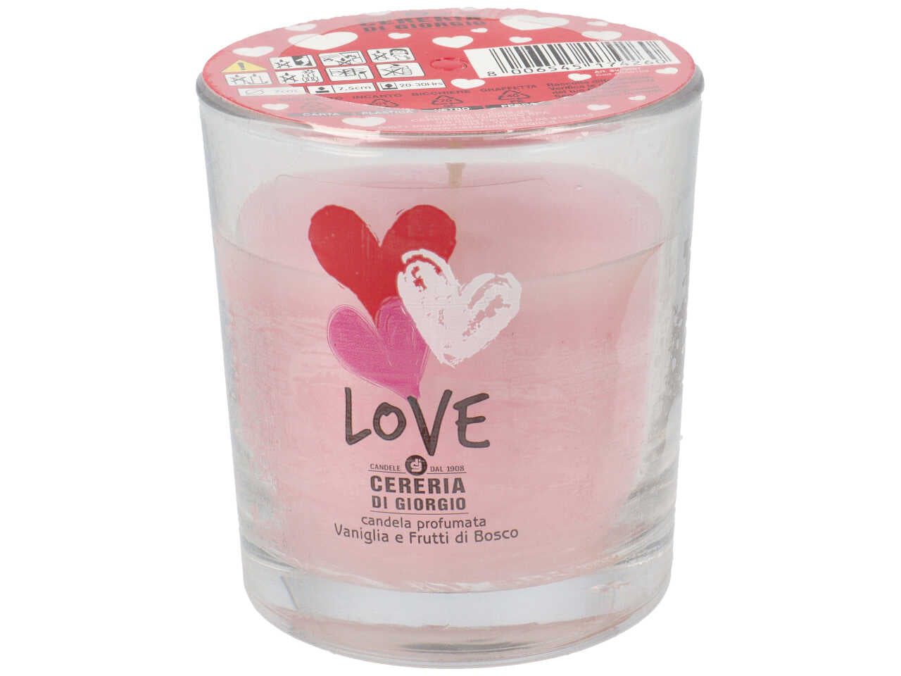 Love candela profumata con bicchiere 7x7,5cm profumazione vaniglia e frutti di bosco