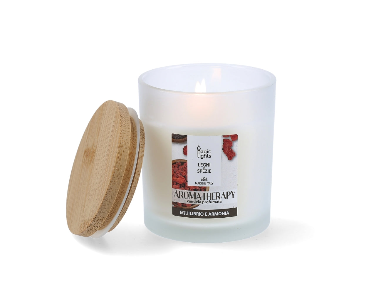Candela aromaterapia 170 gr con tappo legno legni e spezie