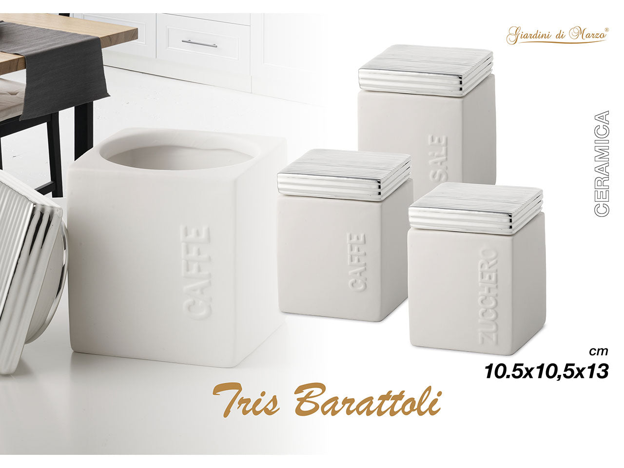 Tris barattoli quadrati caffe,zucchero e sale in ceramica 10,5x10,5xh.13cm con coperchio argento