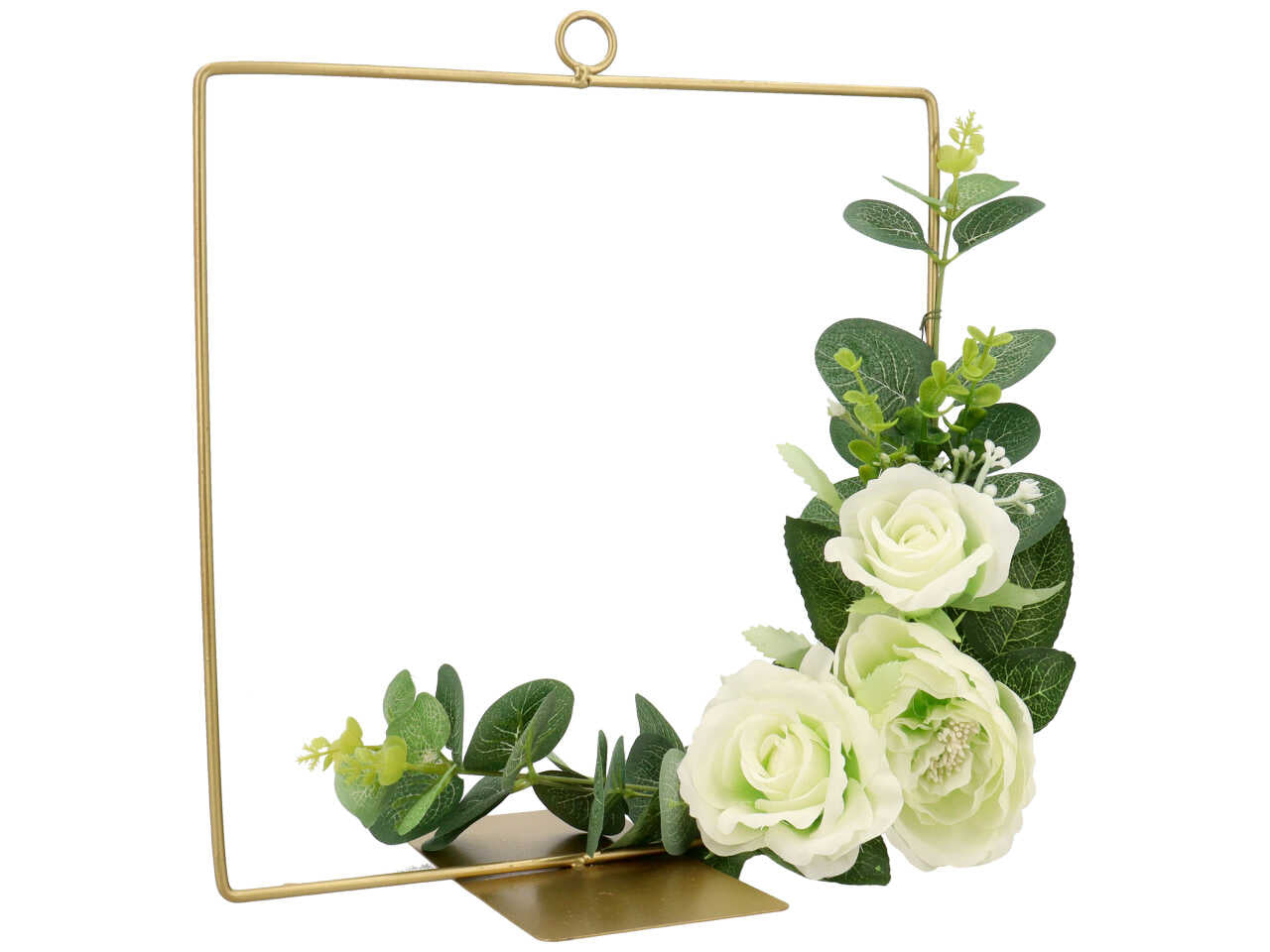 Decoro in metallo quadrato con base e fiori 25x25cm di colore panna