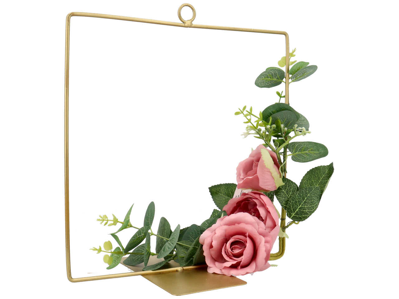 Decoro in metallo quadrato con base e fiori 25x25cm di colore rosa antico