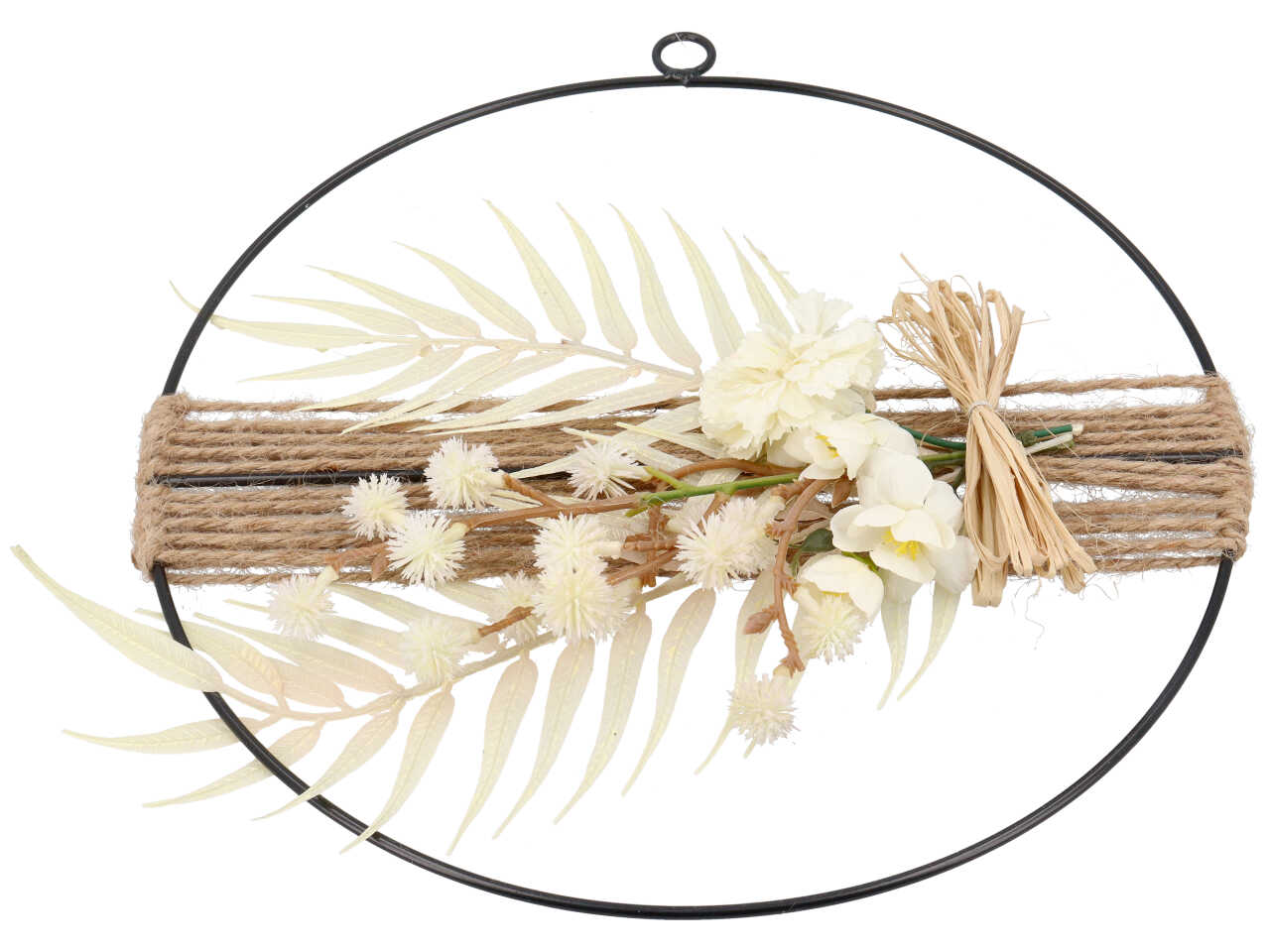 Decoro in  metallo nero tondo con fiori secchi 6x30cm