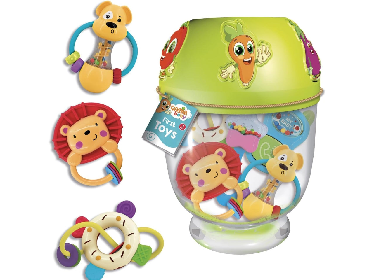 Carotina baby primi giochini, contenitore trasparente con 5 giochi