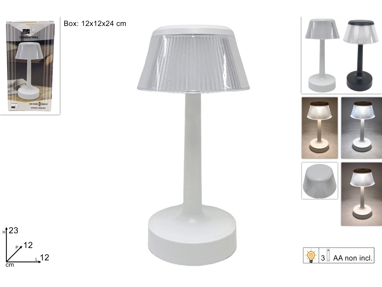 Lampada da tavolo bianca con 3 luminosita' a batterie 23cm