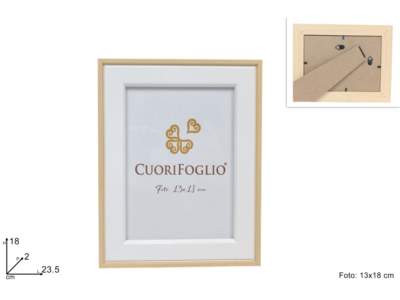 Portafoto bianco 13x18cm con bordo legno naturale