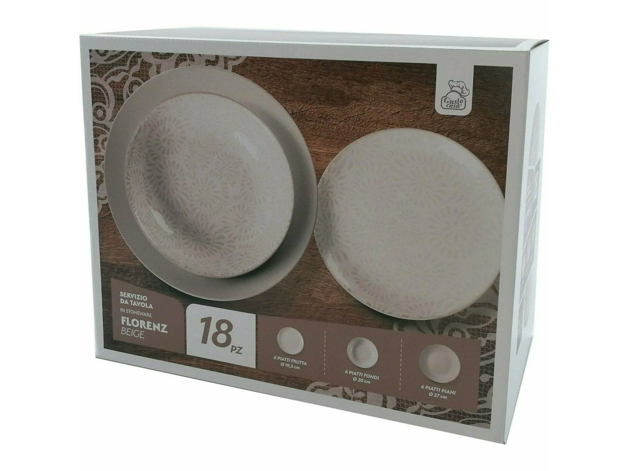 Servizio di piatti con decoro florenz 18pz in porcellana di colore beige